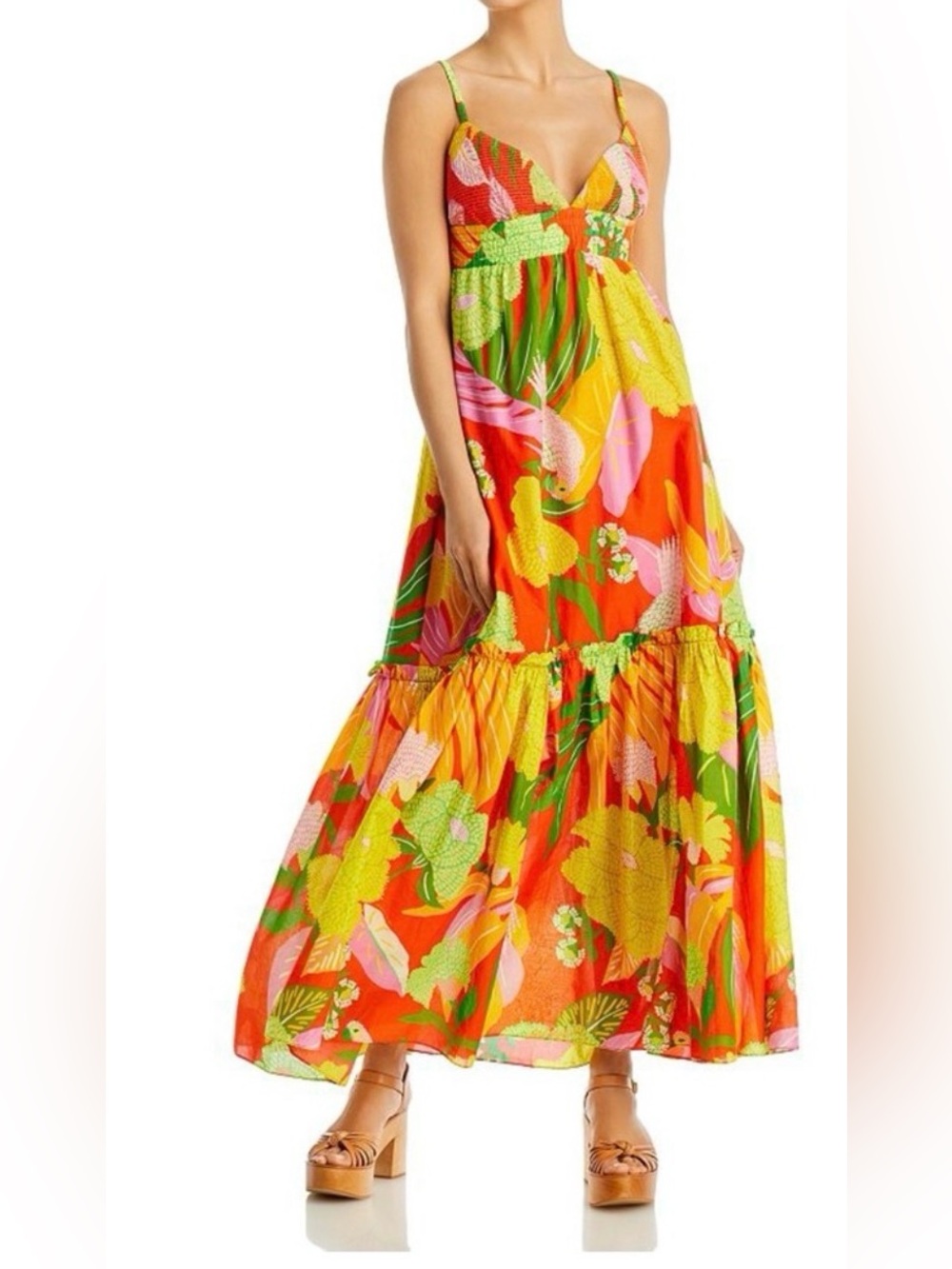 Farm Rio Anthropologie neon floral tiered cotton  Maxi Dress Sz M; EUC